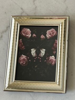 Silver Hammered Metal Photo Frame with Black Butterfly & Pink Rose Art
